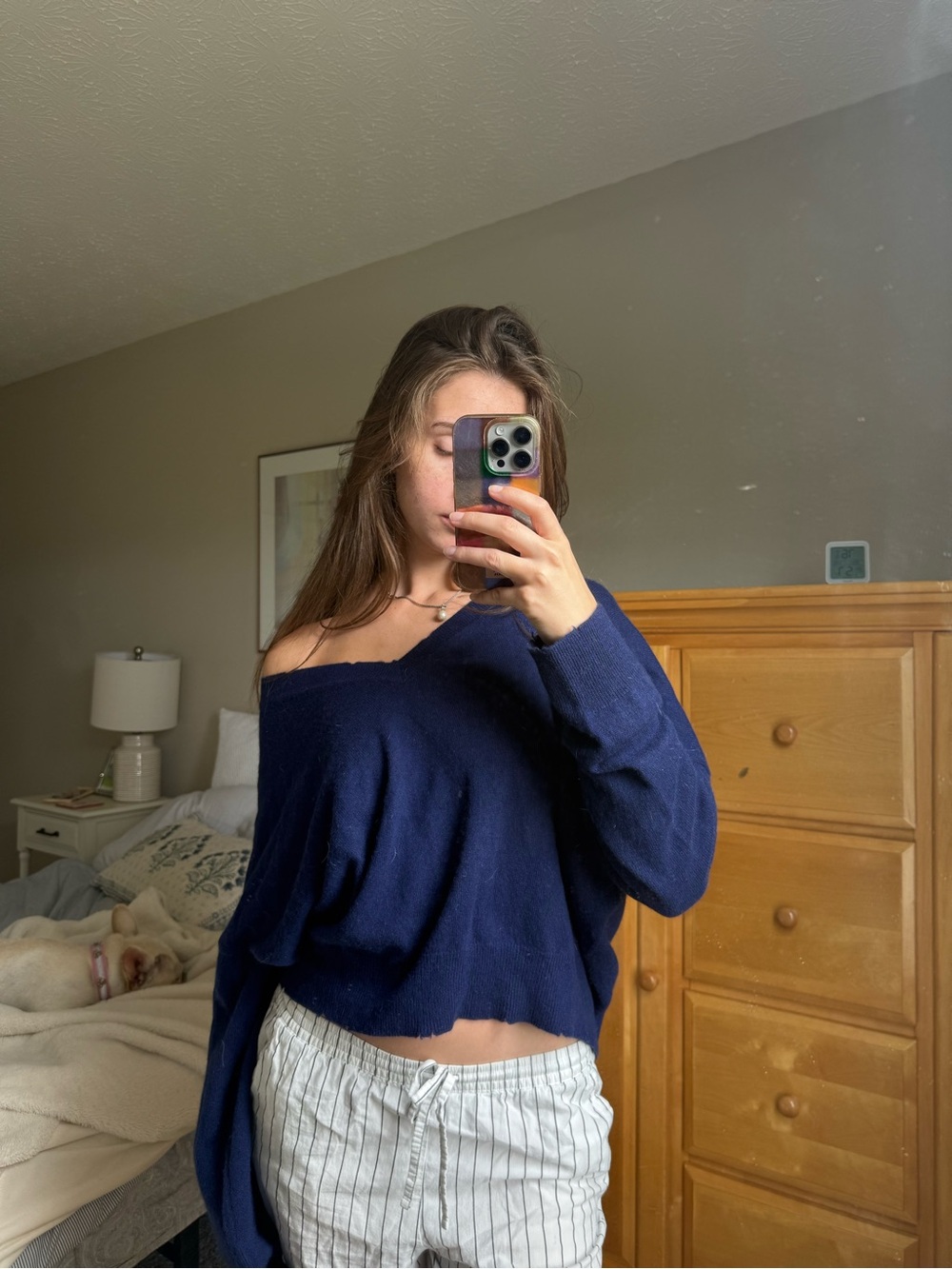 Aqua Navy Off-the-Shoulder Lightweight Knit Sweater